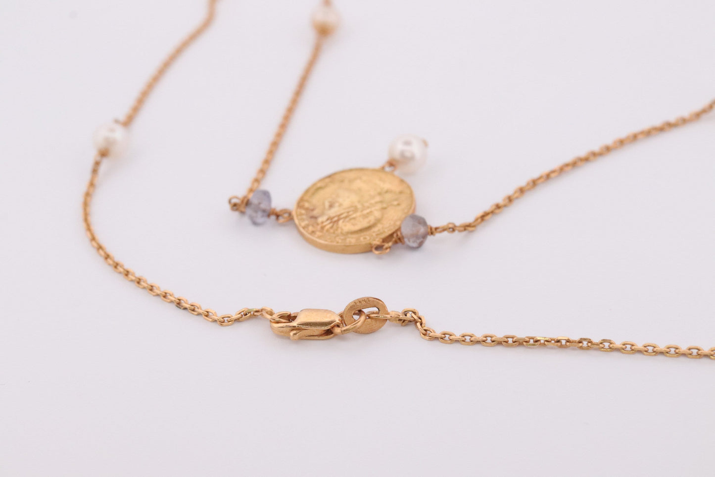 14k Gold Roman Coin Bead and Pearl Necklace. 14k Roman coin station Pearl 14k Necklace st(150)