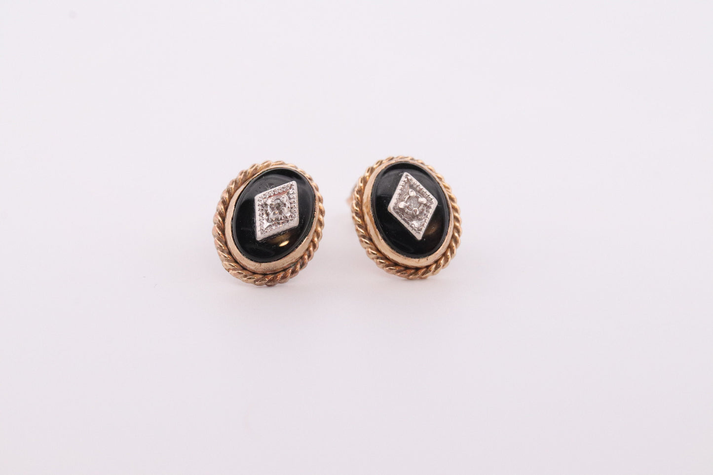 10k Gold Filled Onyx and Diamond Earrings. Art Deco Mourning Onyx Earrings. Oval Onyx and diamond earrings. st(37)