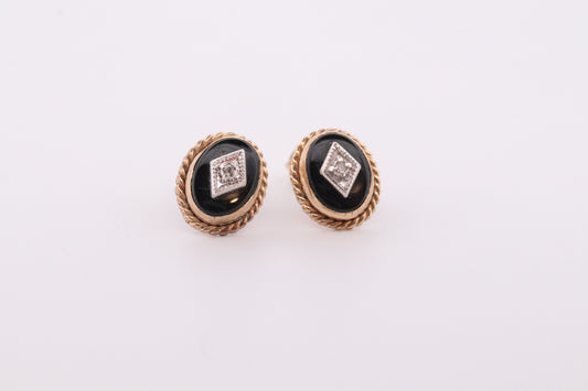 10k Gold Filled Onyx and Diamond Earrings. Art Deco Mourning Onyx Earrings. Oval Onyx and diamond earrings. st(37)