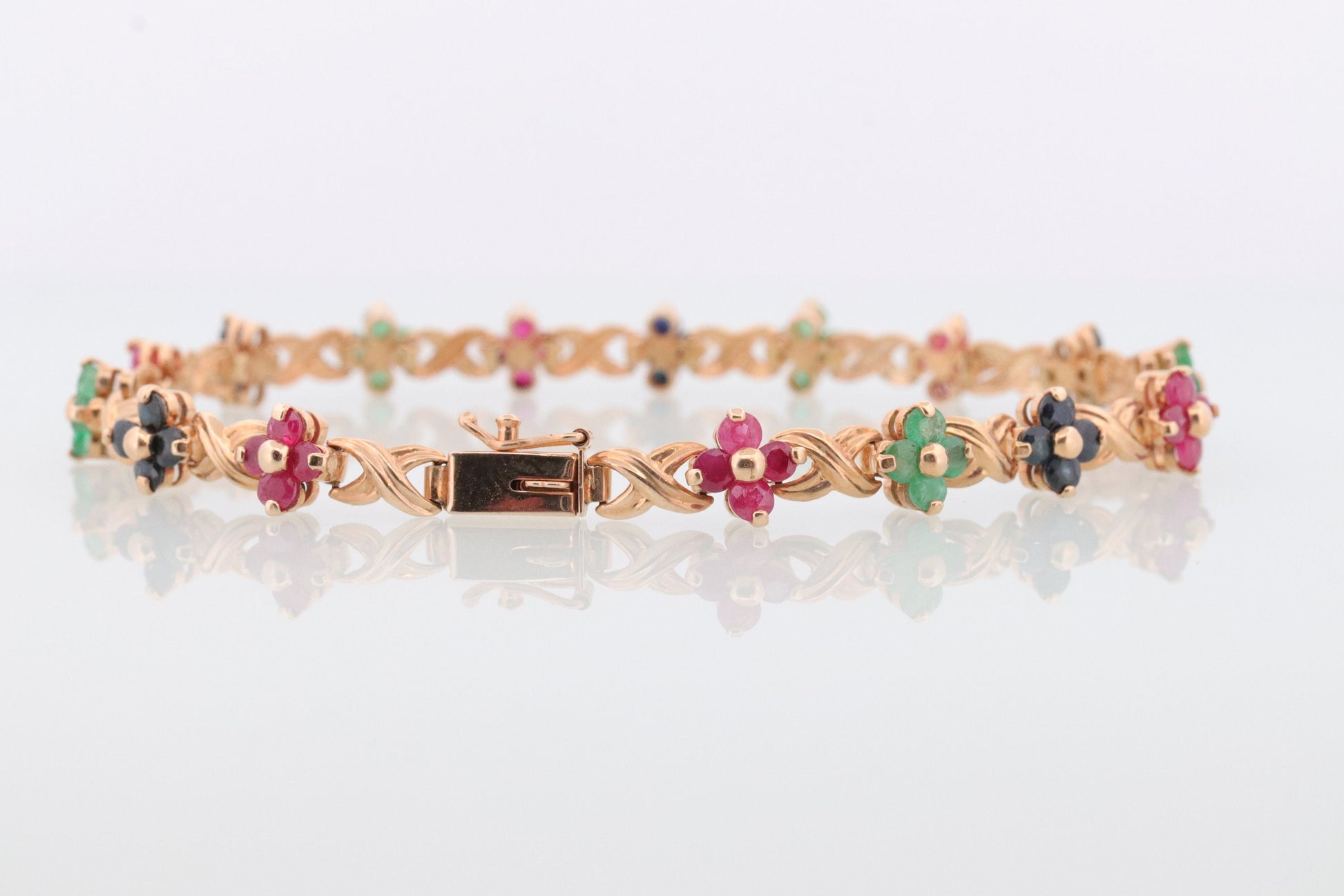 14k Multi-Color Gem Bracelet. Heavy XOXO Round Ruby Emerald Sapphire Flower Cluster arrangement Kiss Hug bracelet. (st215)