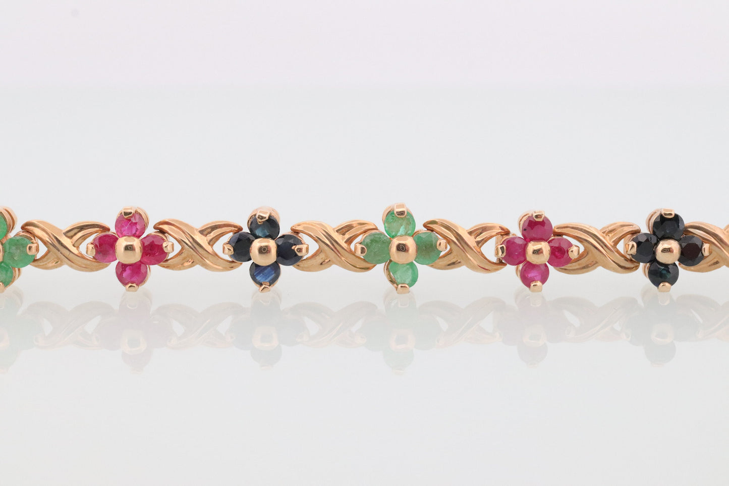 14k Multi-Color Gem Bracelet. Heavy XOXO Round Ruby Emerald Sapphire Flower Cluster arrangement Kiss Hug bracelet. (st215)