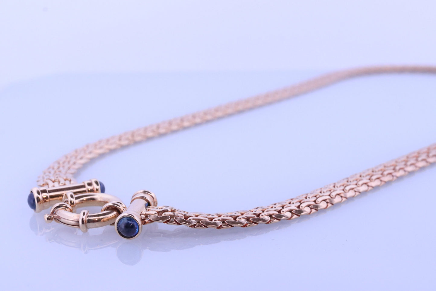 14k Yellow Bismark Chain Mesh Necklace. Sapphire Clasp Chain Mesh link Yellow gold Italian Byzantine Necklace. Sapphire Cabochon (st770)