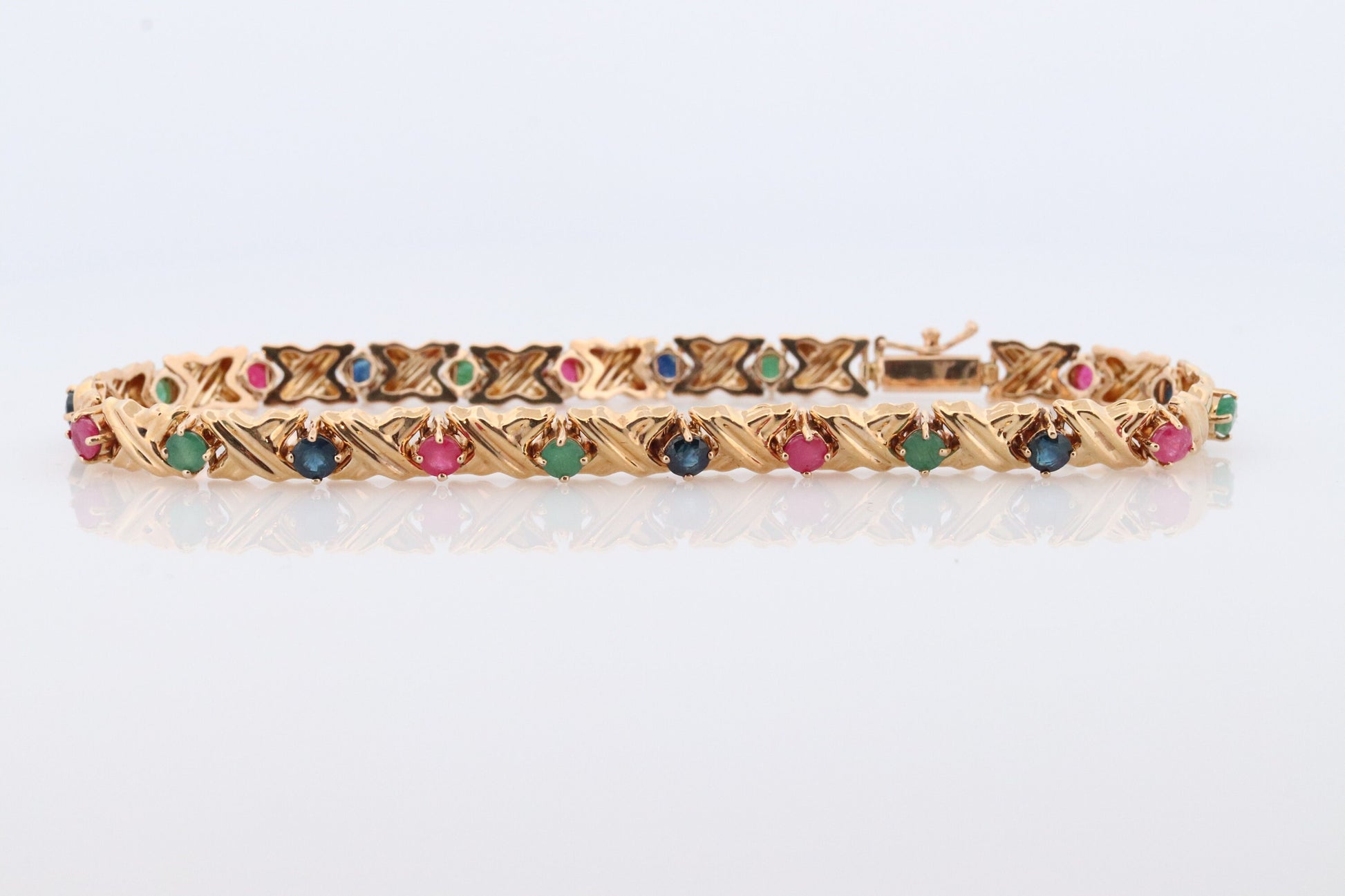 14k Multi-Color Gem Bracelet. Heavy XOXO Round Ruby Emerald Sapphire Flower Cluster arrangement Kiss Hug bracelet. (st220)