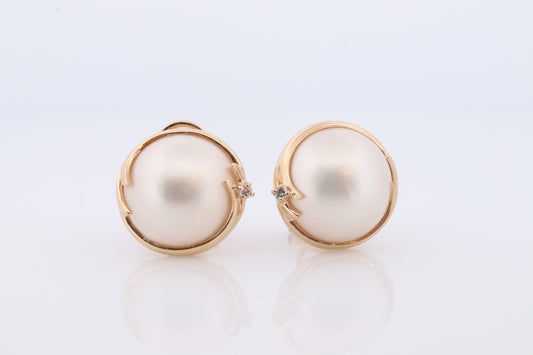 14k Large MABE Pearl Diamond Clip On earrings. Non Pierced Omega Back Clips Mabe Pearl Earrings st(62)