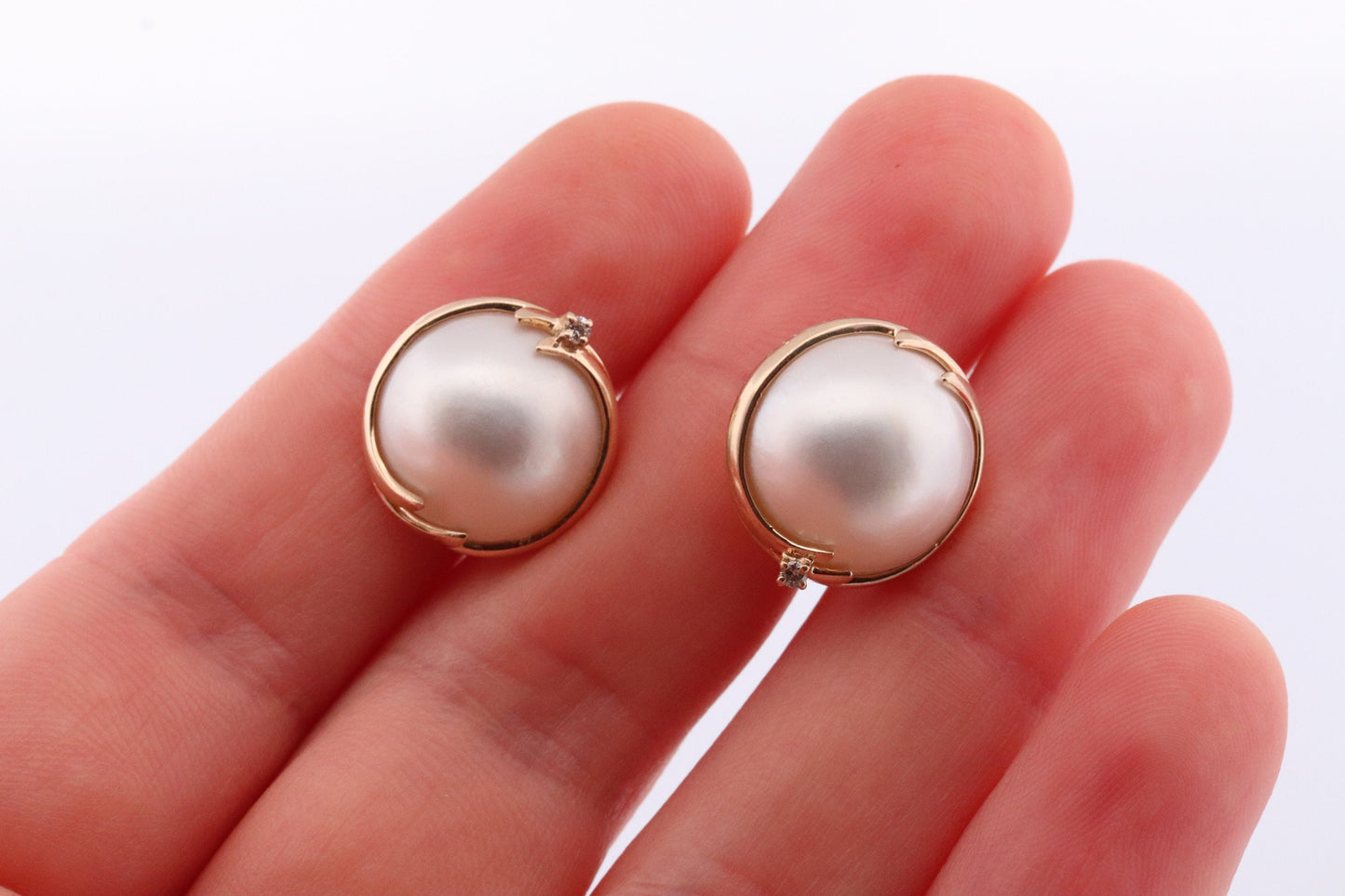 14k Large MABE Pearl Diamond Clip On earrings. Non Pierced Omega Back Clips Mabe Pearl Earrings st(62)