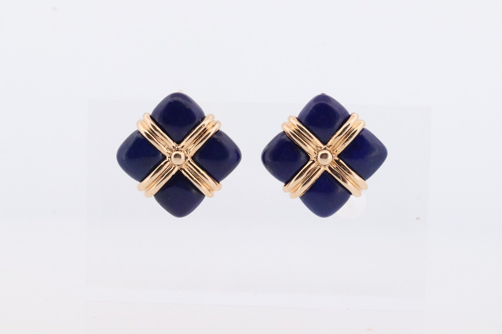 14k Lapis Lazuli earrings. GIFT square wrapped presents Blue Lapis Lazuli Stud gold earrings. Carved Lapis Studs. st(124)