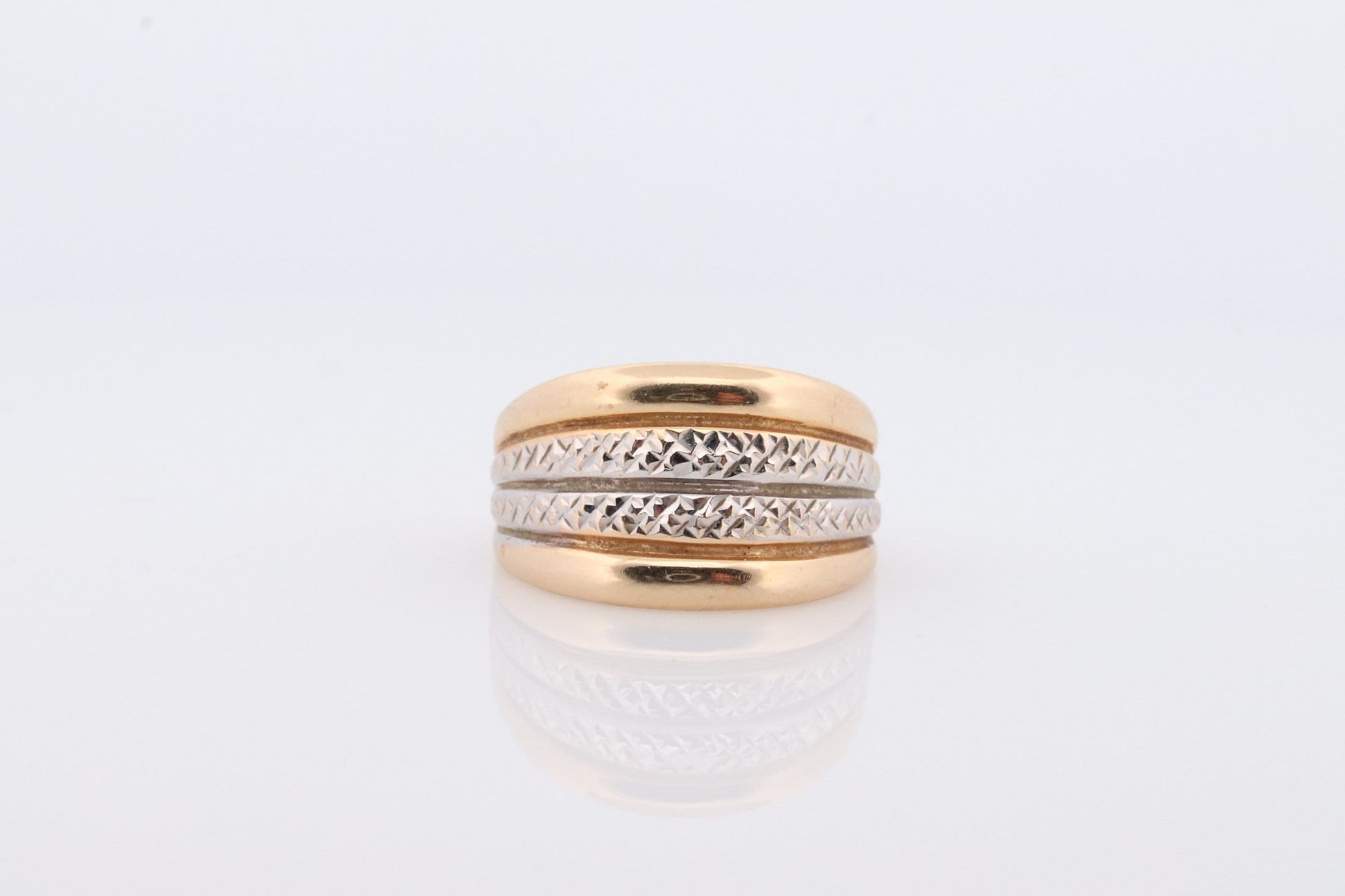 14k Textured Wide Dome 14k Yellow and White Gold Band. 14k Engraved and Textured ring. Diamond Cut Dome ring. st(144)