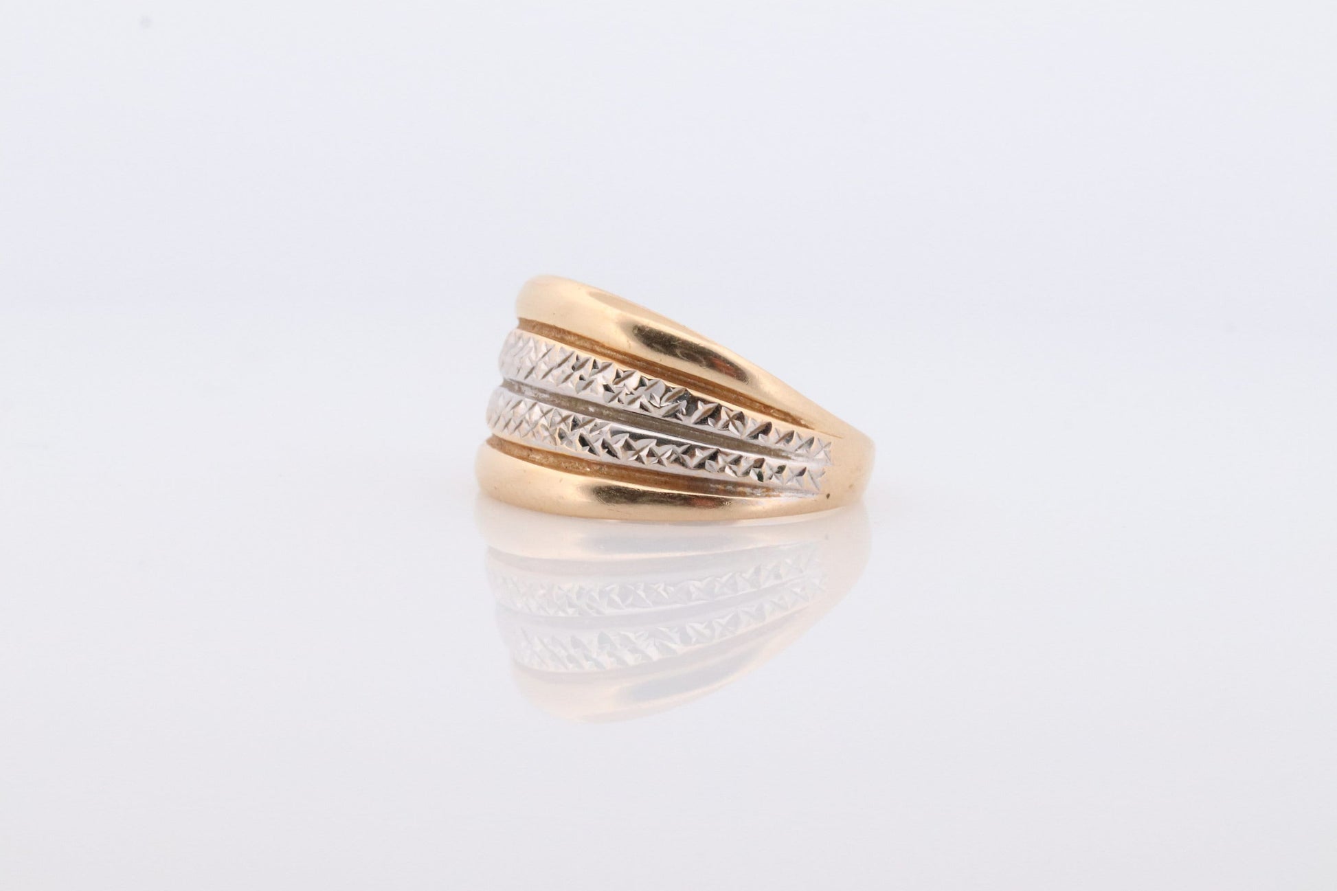 14k Textured Wide Dome 14k Yellow and White Gold Band. 14k Engraved and Textured ring. Diamond Cut Dome ring. st(144)