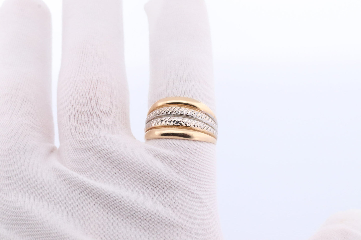 14k Textured Wide Dome 14k Yellow and White Gold Band. 14k Engraved and Textured ring. Diamond Cut Dome ring. st(144)