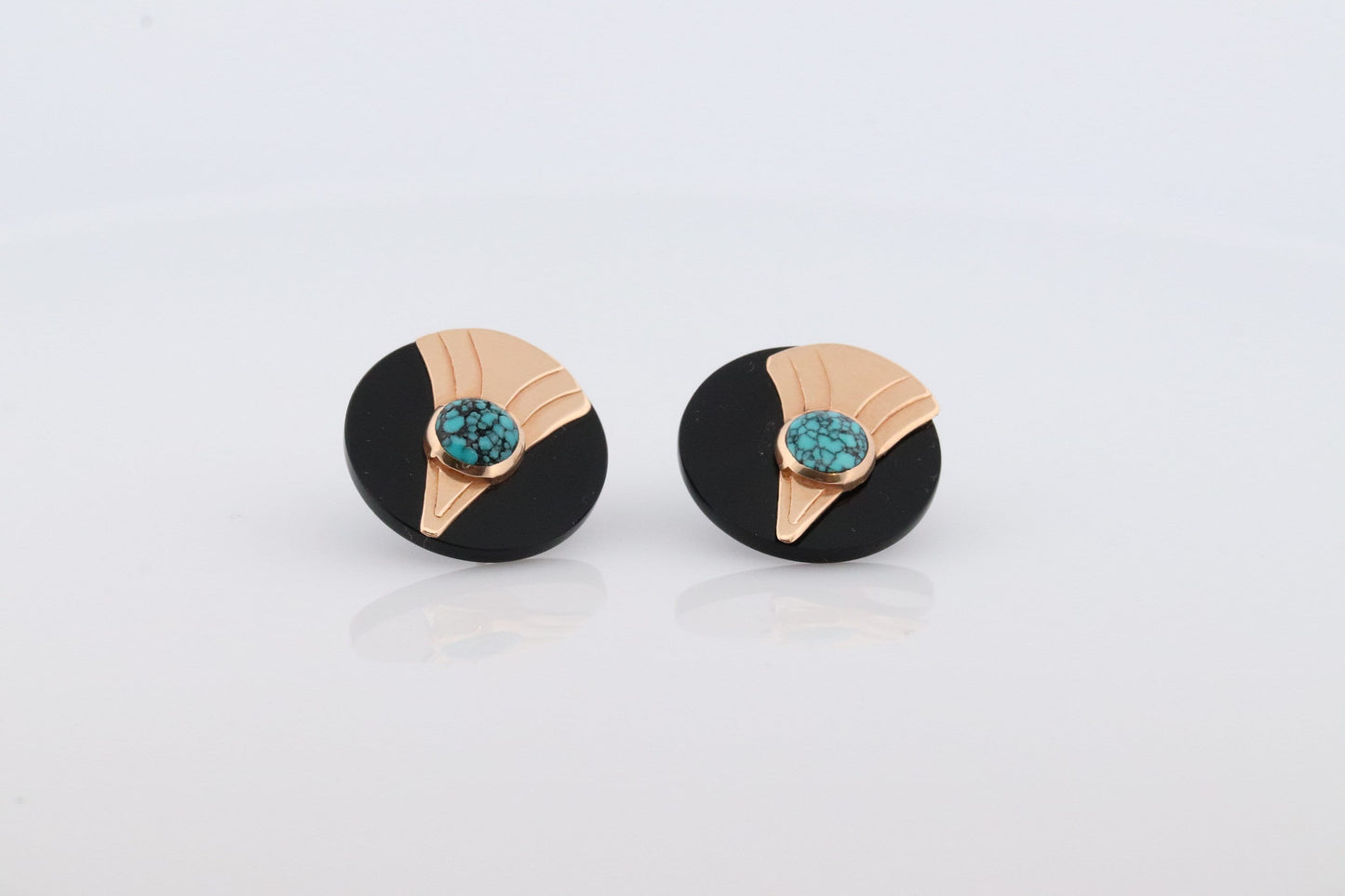 14k Carved Onyx Round Earrings. 14k Onyx and Turquoise bezel set earrings . st(47)