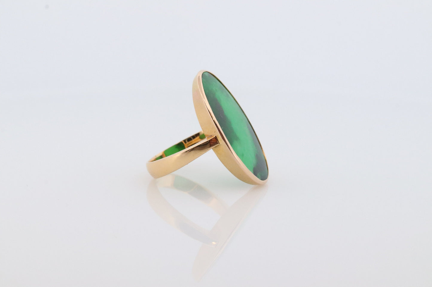 18k Green Jade Thin Glass ring. Jade Bezel set ring. Very rare Jade Flat Signet ring. st(295)