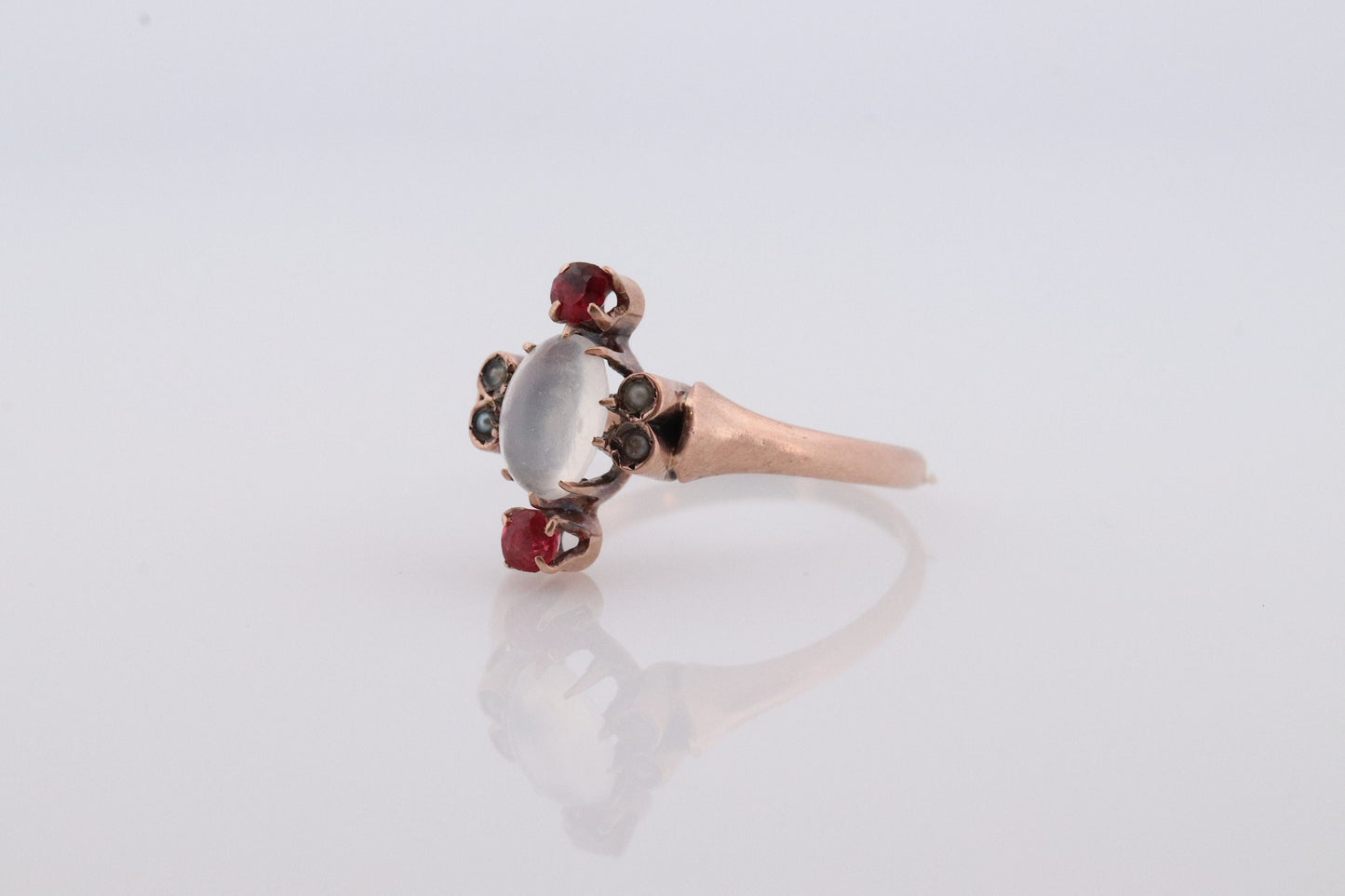 10k Victorian MOONSTONE cabochon TRIO Garnet and pearl seed Claw set ring. Antique sphere Moonstone garnet pearl Trilogy ring. st(135)