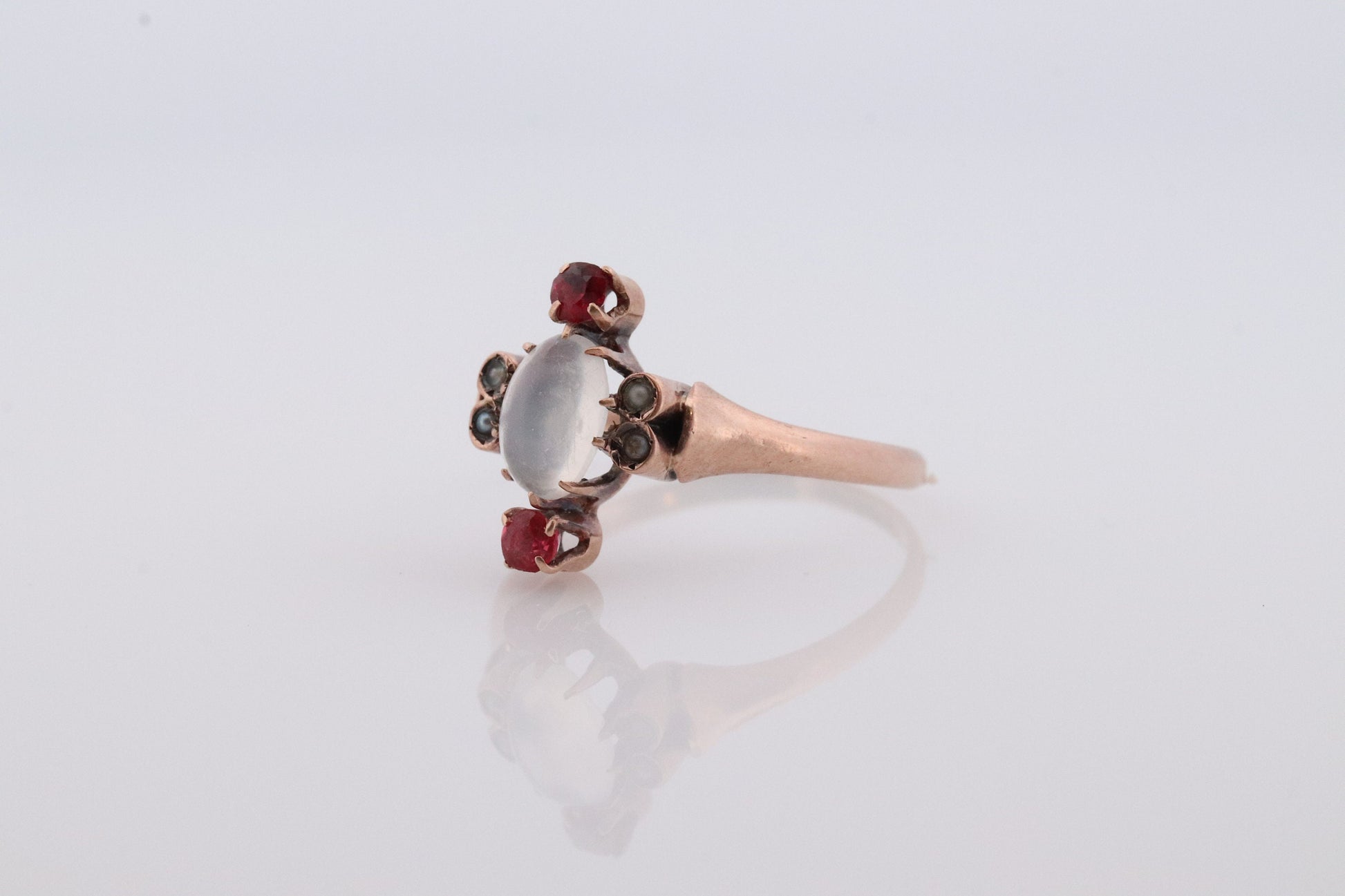 10k Victorian MOONSTONE cabochon TRIO Garnet and pearl seed Claw set ring. Antique sphere Moonstone garnet pearl Trilogy ring. st(135)