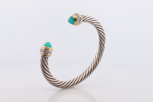 David Yurman Cuff Bracelet. 18k Sterling Silver Cable Cuff. Chalcedony and Diamond Cable Cuff Bracelet (253)