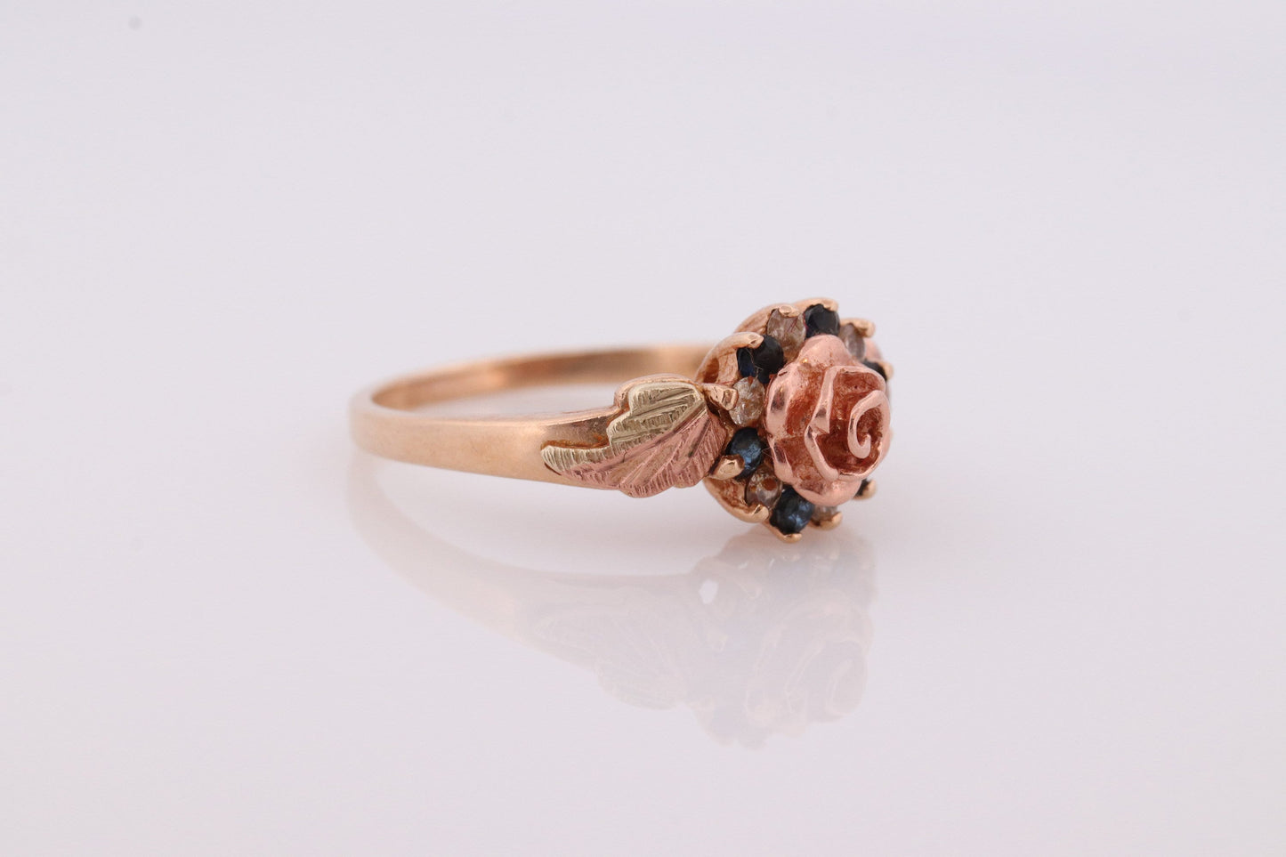 Black Hills Gold Ring Diamond Blue SAPPHIRE halo ring. 10k Multi-Tone Black Hills Gold band. Flower halo ring. st(62)