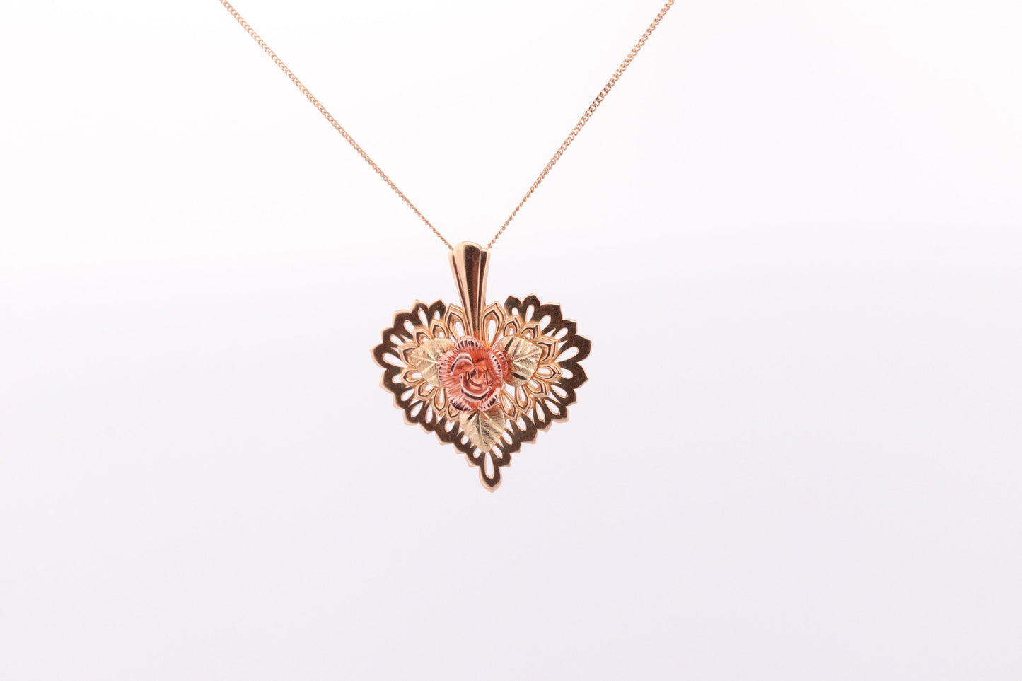 Black Hills Gold Heart Necklace. Large Open Filigree Heart with Rose. 10k multi tone Black Hills Gold. st(60)