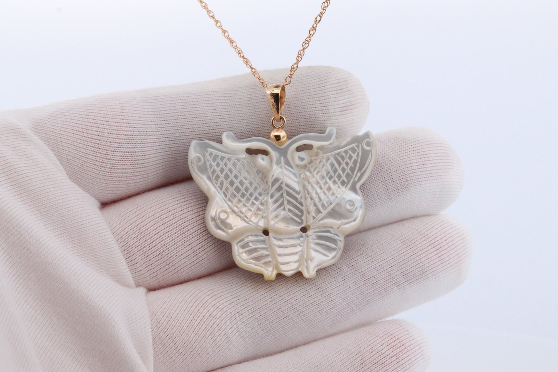 MOP 14k Butterfly. Large Butterfly Pendant. 14k yellow gold chain necklace. PJS Gold Pendant. st(77)