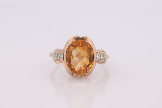 10k Citrine Large solitaire with Diamonds Ring. Citrine Bow Solitaire statement ring. (st62)