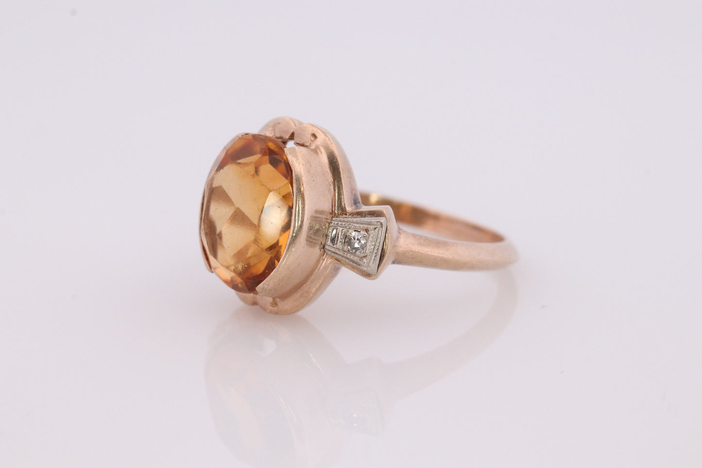 10k Citrine Large solitaire with Diamonds Ring. Citrine Bow Solitaire statement ring. (st62)