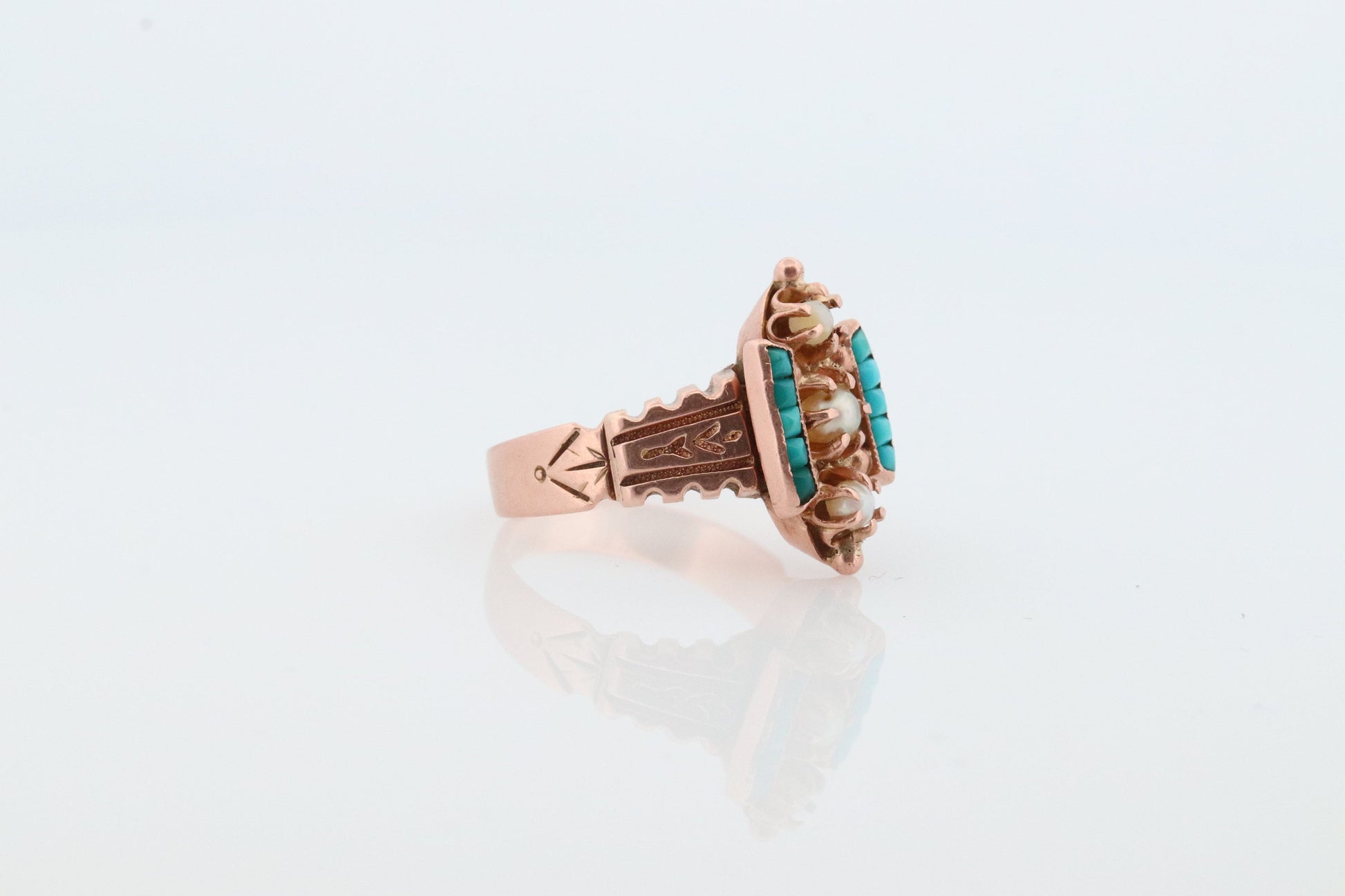 Victorian 10k Turquoise Cabochon and Pearl Pave Ring. 10k Victorian ornate flower embossed engraved ring. st(115)