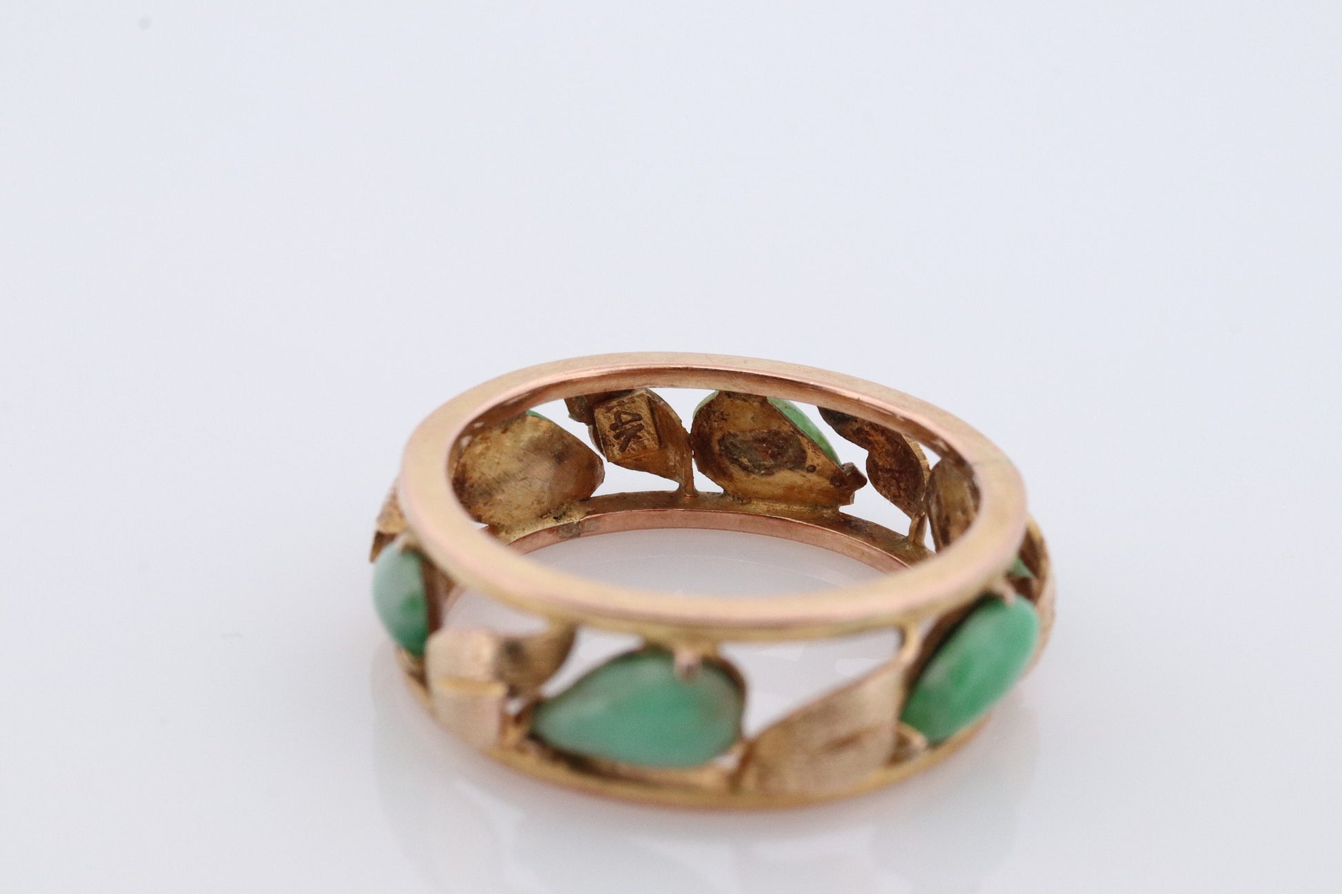 14k Green White Jade cabochon ring. Apple translucent green Leaf open band. Jade Eternity band st(120)