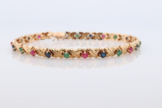 14k Multi-Color Gem Bracelet. Heavy XOXO Round Ruby Emerald Sapphire Flower Cluster arrangement Kiss Hug bracelet. (st220)