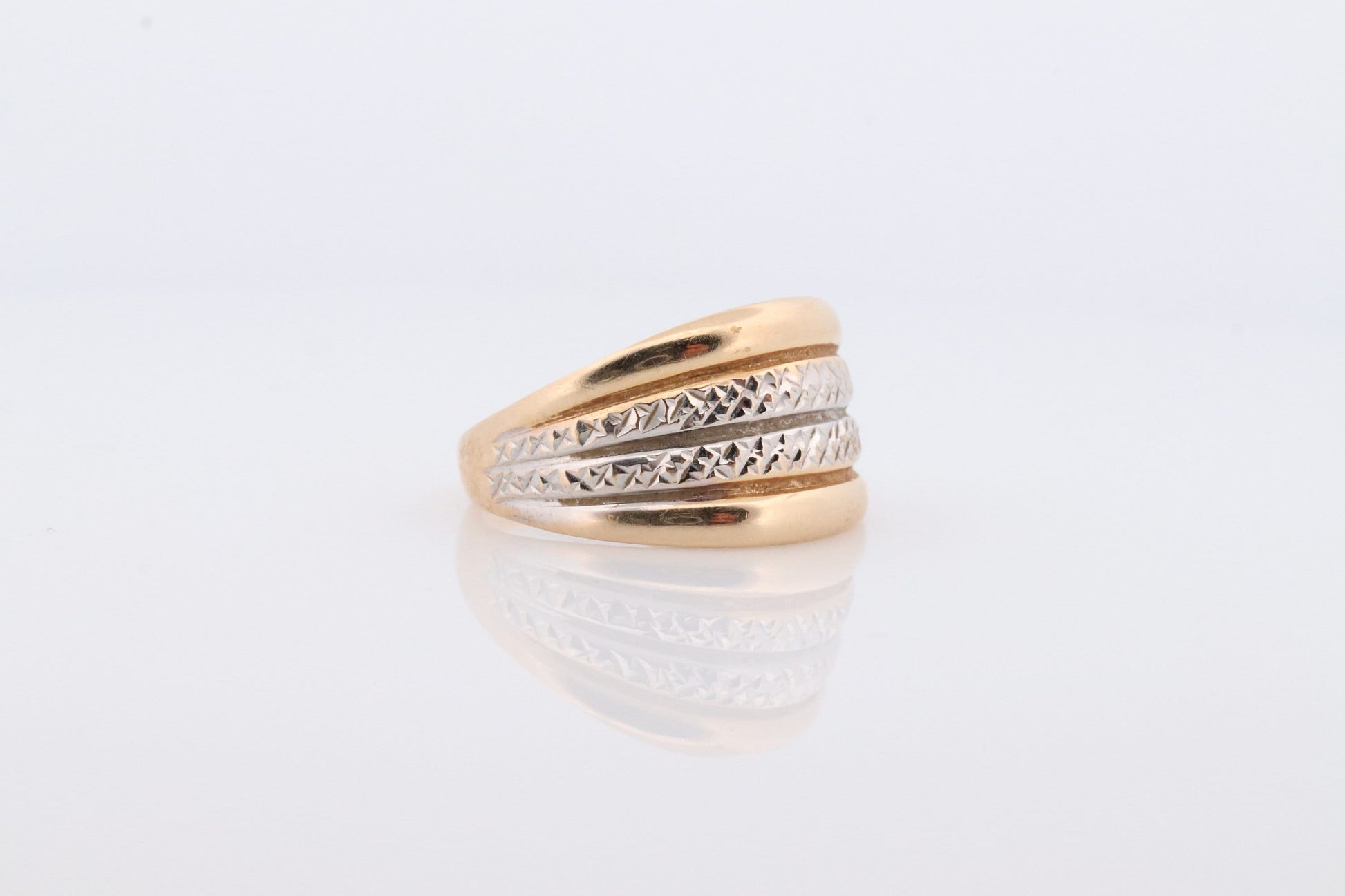 14k Textured Wide Dome 14k Yellow and White Gold Band. 14k Engraved and Textured ring. Diamond Cut Dome ring. st(144)