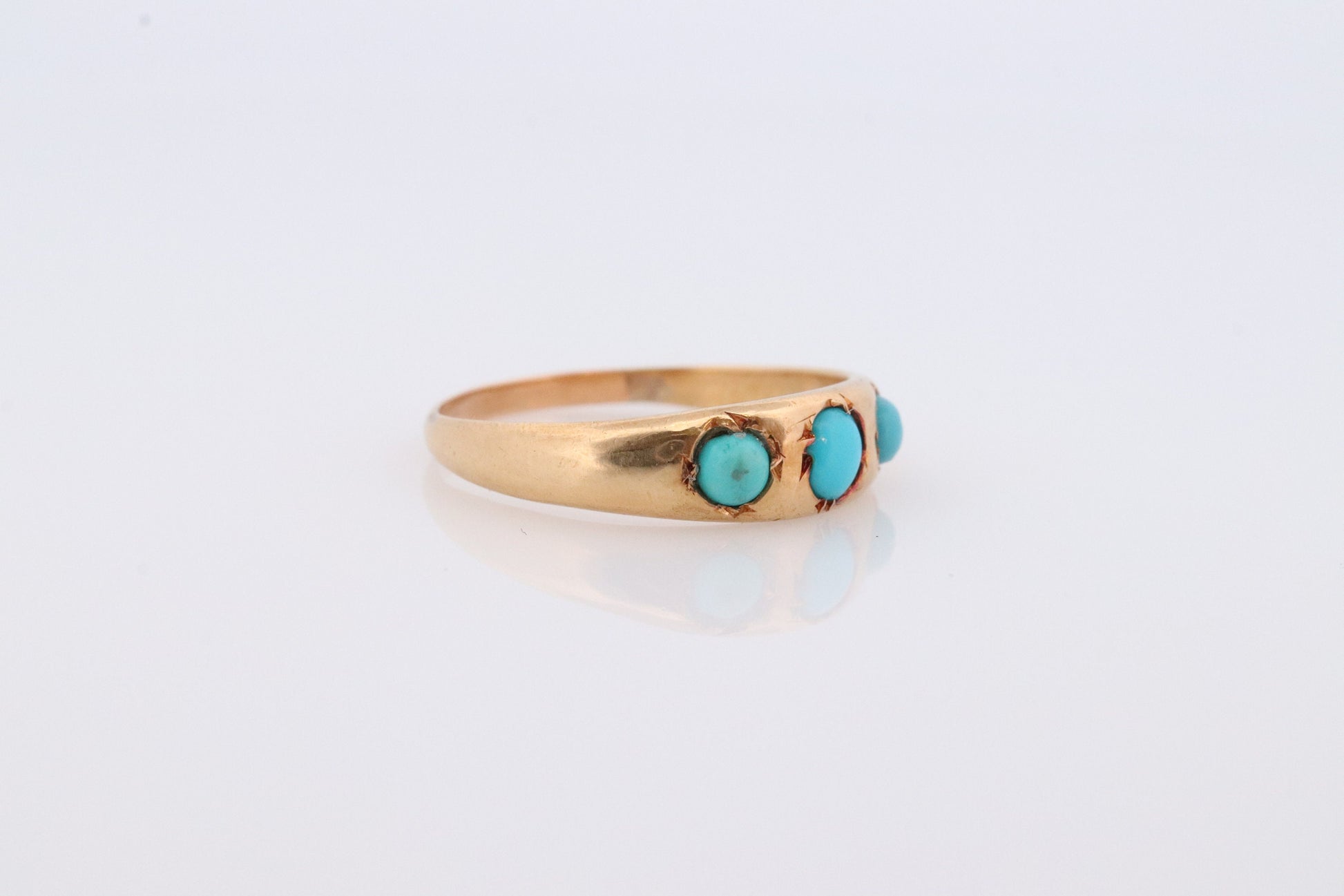 Victorian 18k Turquoise Cabochon stone Ring. 18k UK England Turquoise bezel set band. Gypsy set turquoise band. st(198)