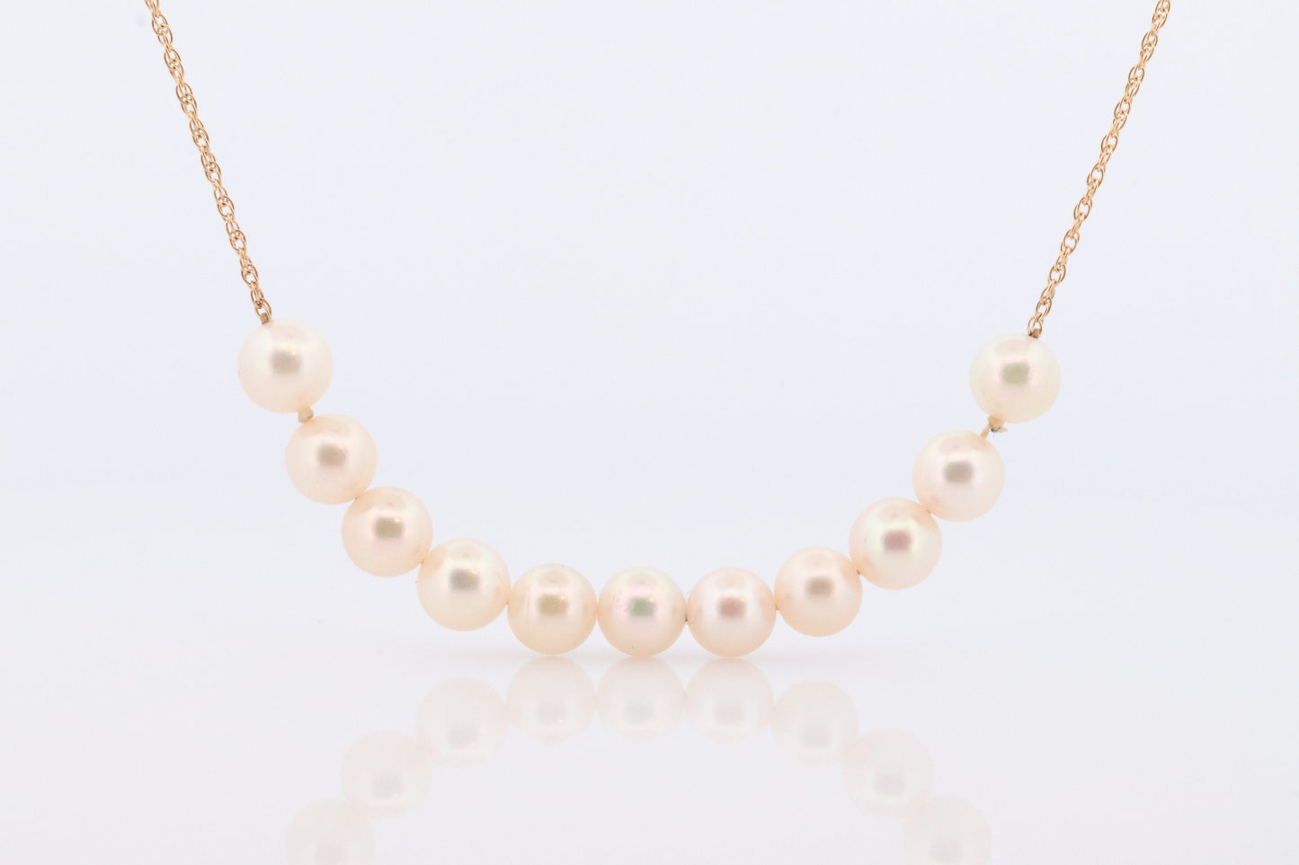 14k Akoya Pearl Necklace. Long Station Pearl Chain Necklace. 27in length 7mm AKOYA pearls. Layering Necklace. st(42)