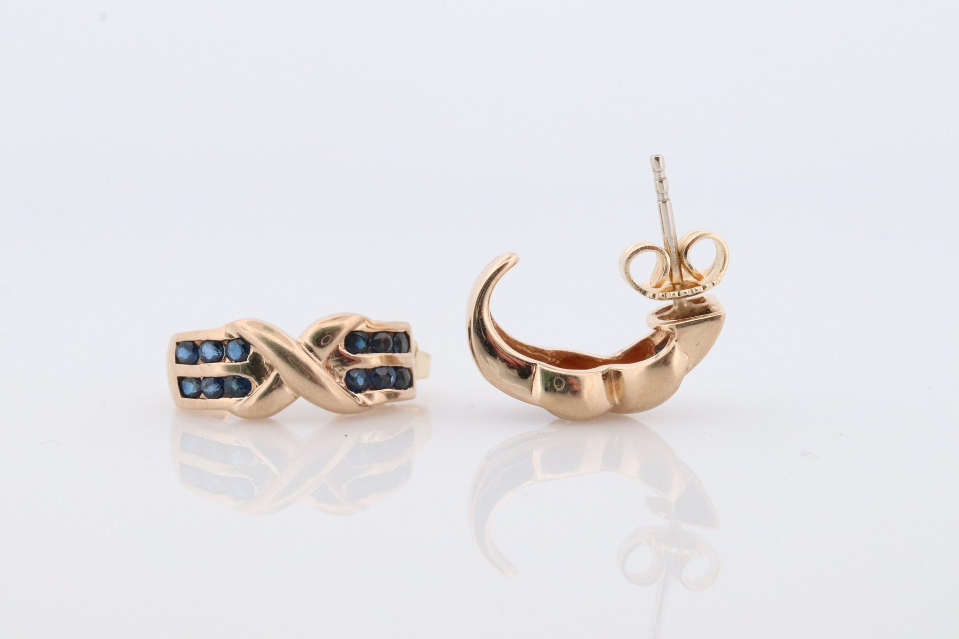 14k Sapphire cross X Dangle earrings. Criss X Channel set Sapphire hoop earrings. XOXO Love Kiss Hug Blue Sapphire Earrings.
