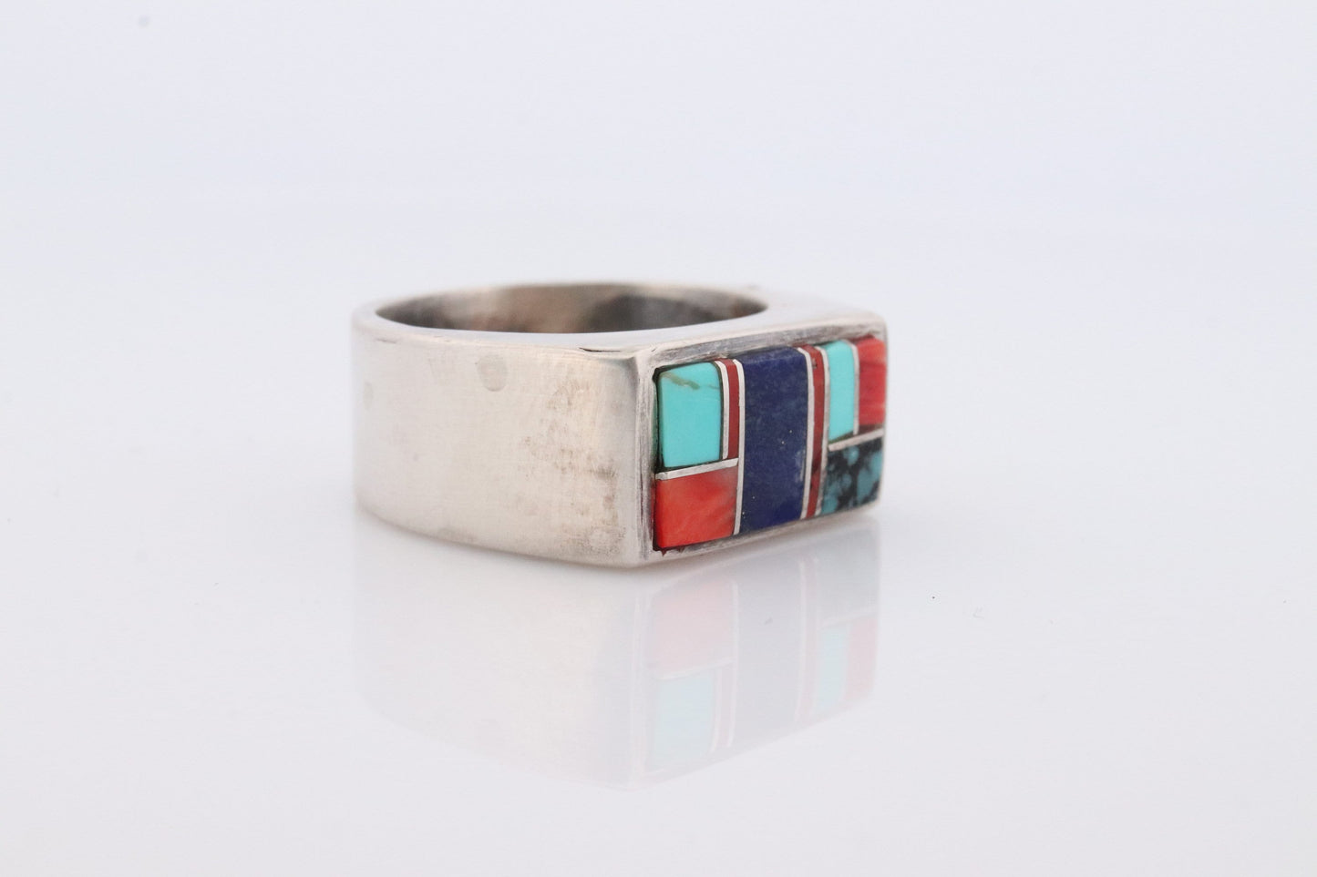 Heavy Navajo Sterling Silver Signet ring. Lapis Turquoise Coral Inlay Design. Mariann Mary Ann Spencer Navajo Tribe. Native American Zuni