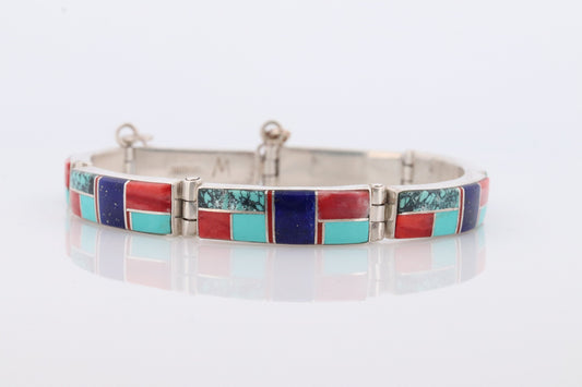 Charles Willie Navajo Sterling Silver Turquoise Bracelet. Lapis Turquoise Coral 925 Native American Zuni Turquoise cuff bangle bracelet.