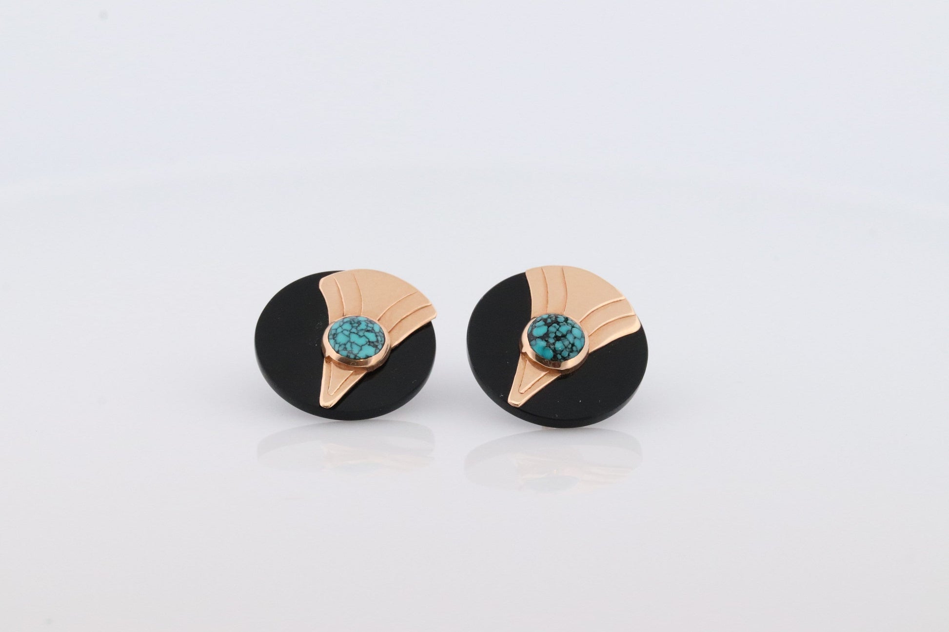 14k Carved Onyx Round Earrings. 14k Onyx and Turquoise bezel set earrings . st(47)