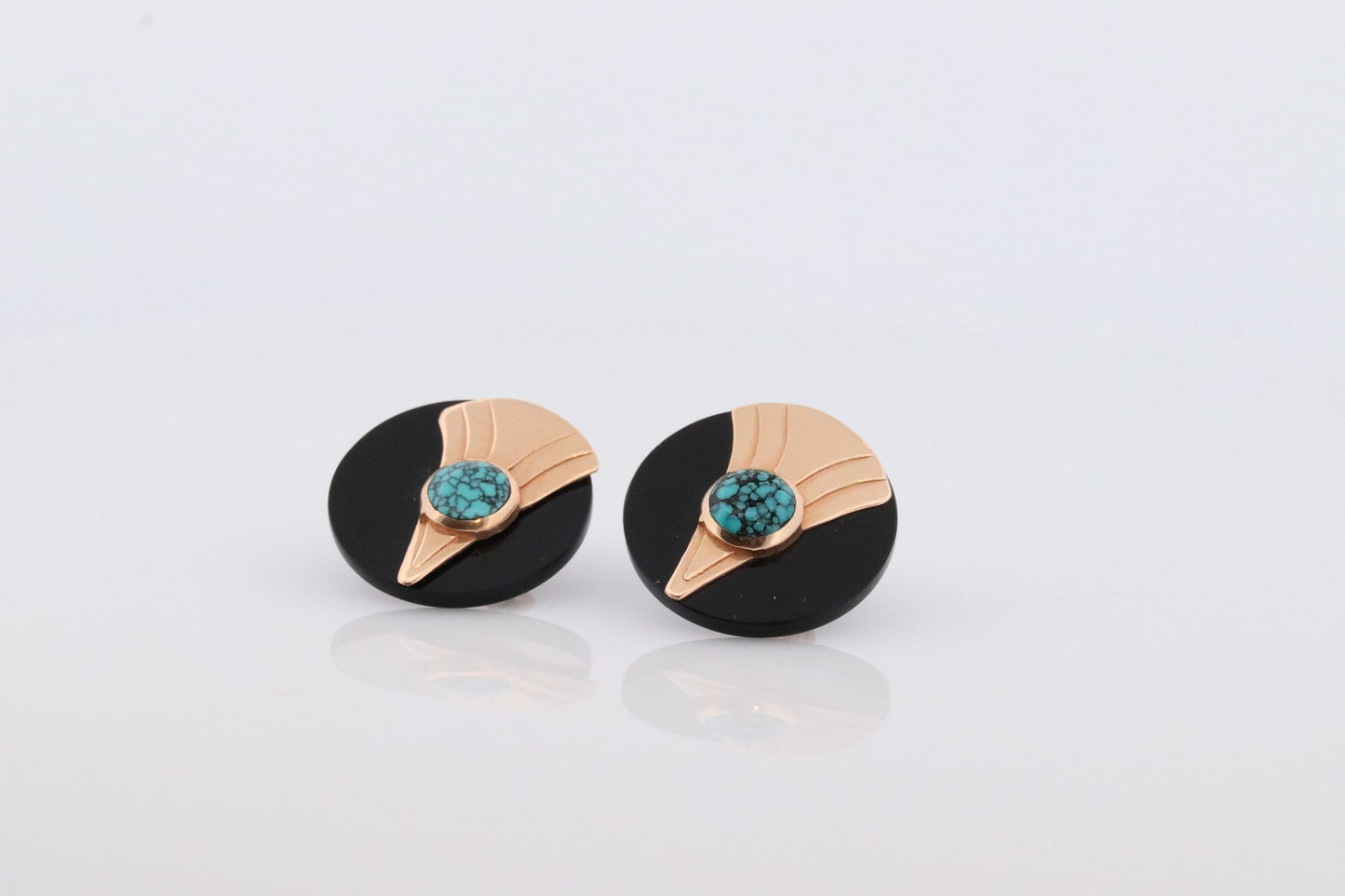 14k Carved Onyx Round Earrings. 14k Onyx and Turquoise bezel set earrings . st(47)