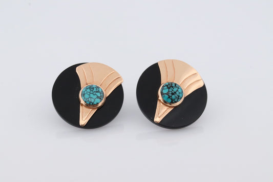14k Carved Onyx Round Earrings. 14k Onyx and Turquoise bezel set earrings . st(47)