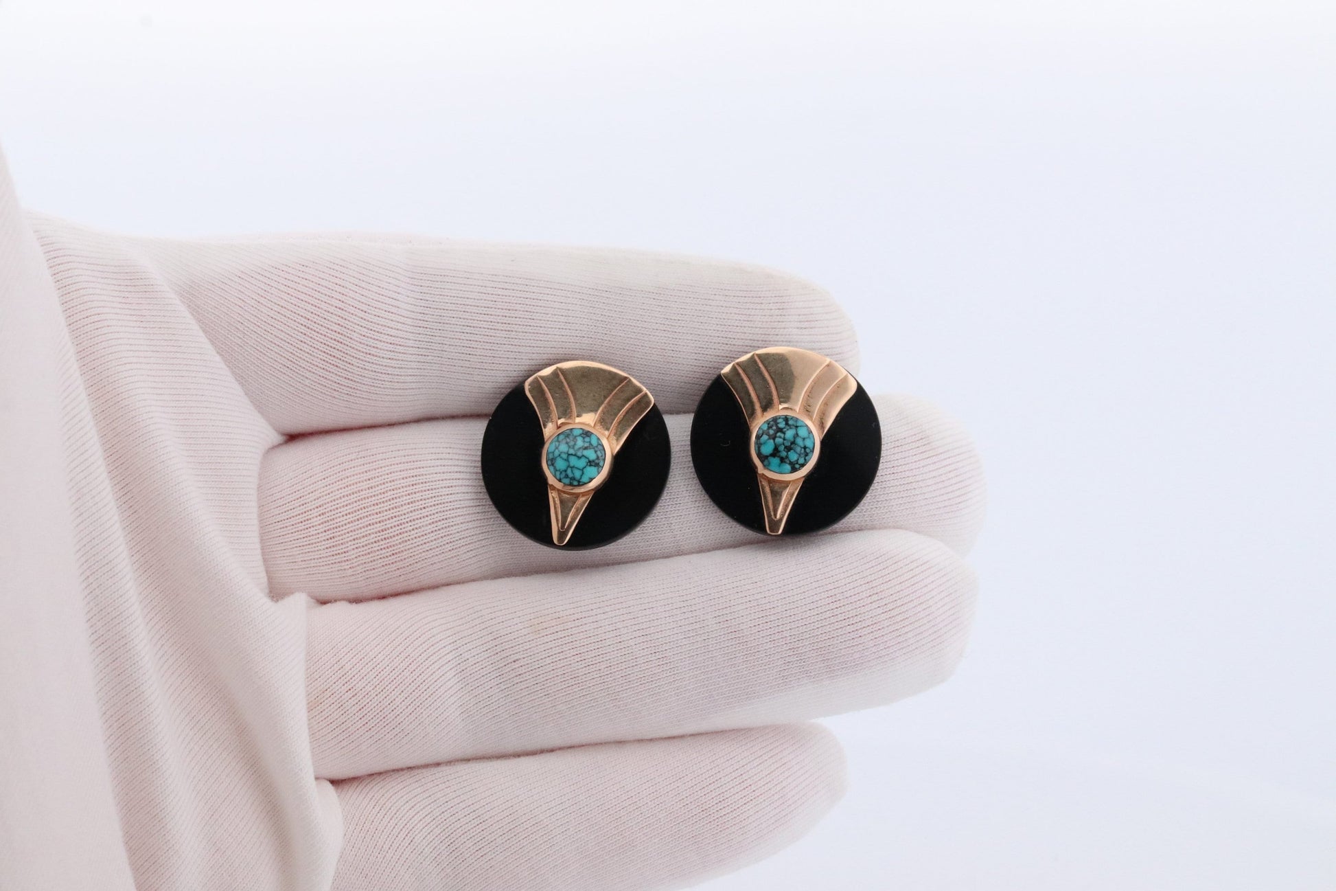 14k Carved Onyx Round Earrings. 14k Onyx and Turquoise bezel set earrings . st(47)