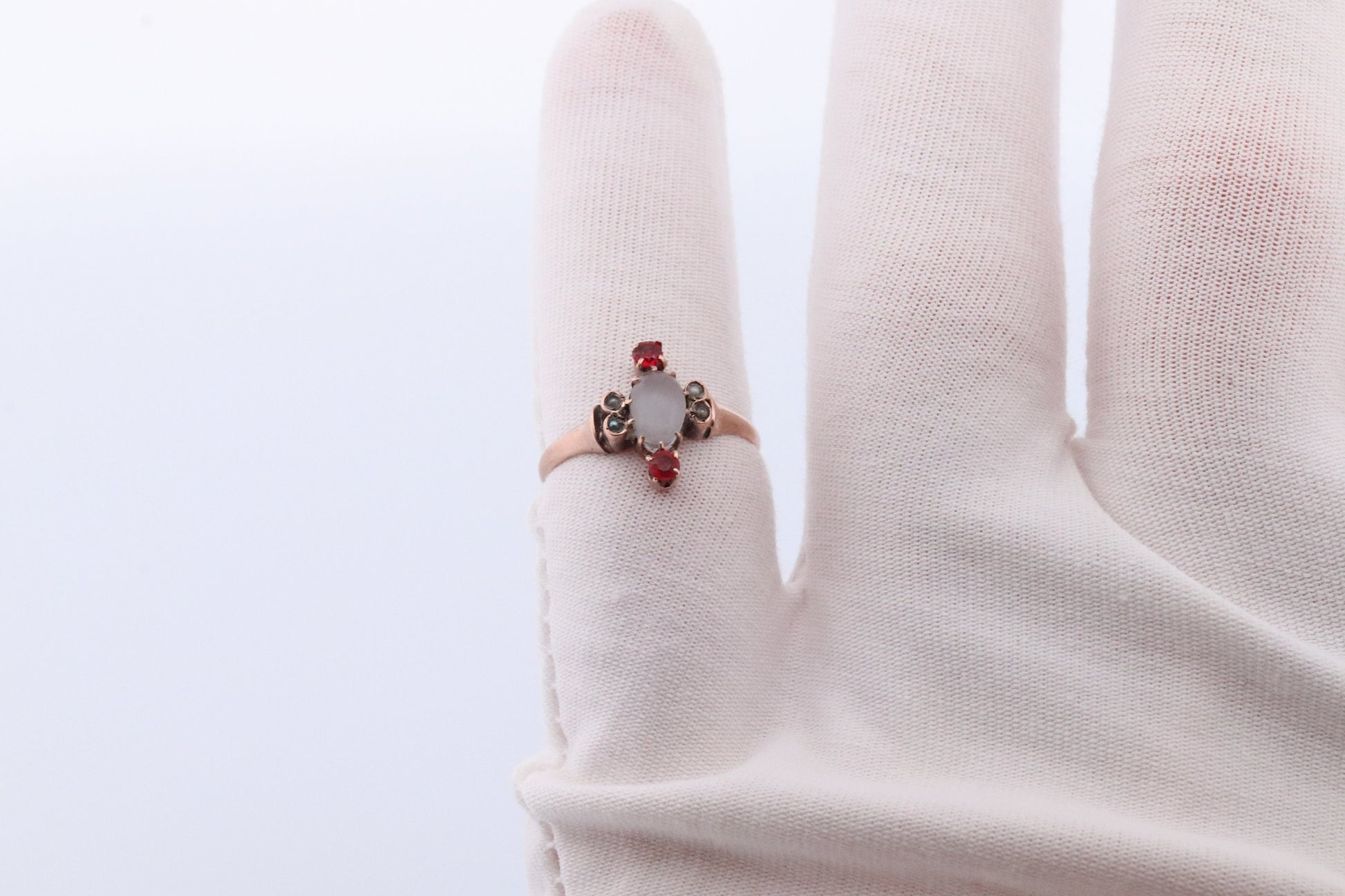 10k Victorian MOONSTONE cabochon TRIO Garnet and pearl seed Claw set ring. Antique sphere Moonstone garnet pearl Trilogy ring. st(135)