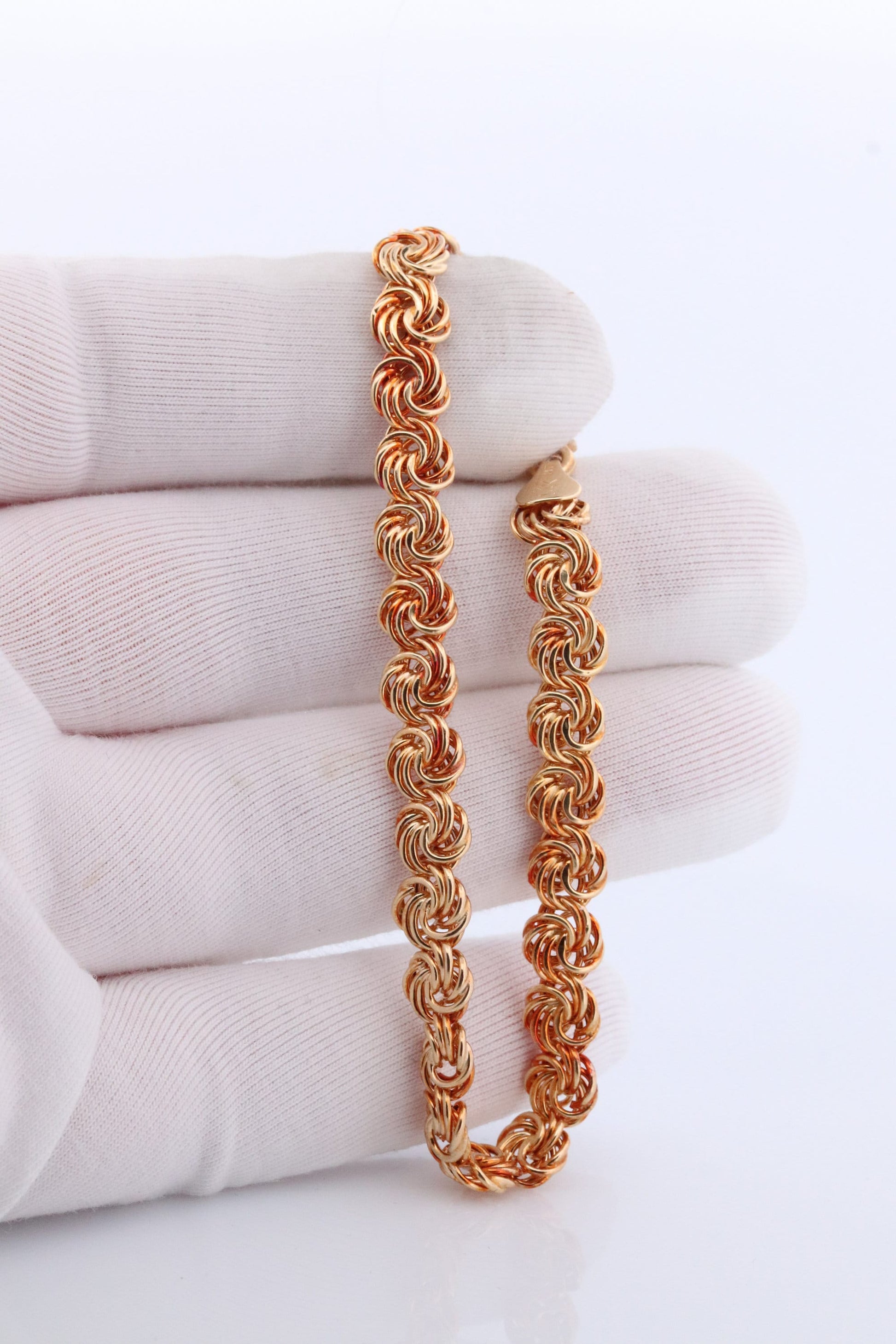 14k Coil Weave Bracelet. Yellow gold Love Knot Weave Round Link Chain Bracelet. High Quality ITALY wide bracelet.
