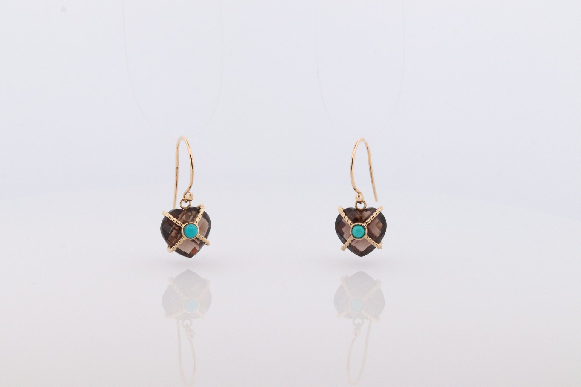 18k Heart Earrings. Smoky Quartz Carved Heart Dangle Earrings. Turquoise Cabochon with 18k Bound Large Heart. st(92)