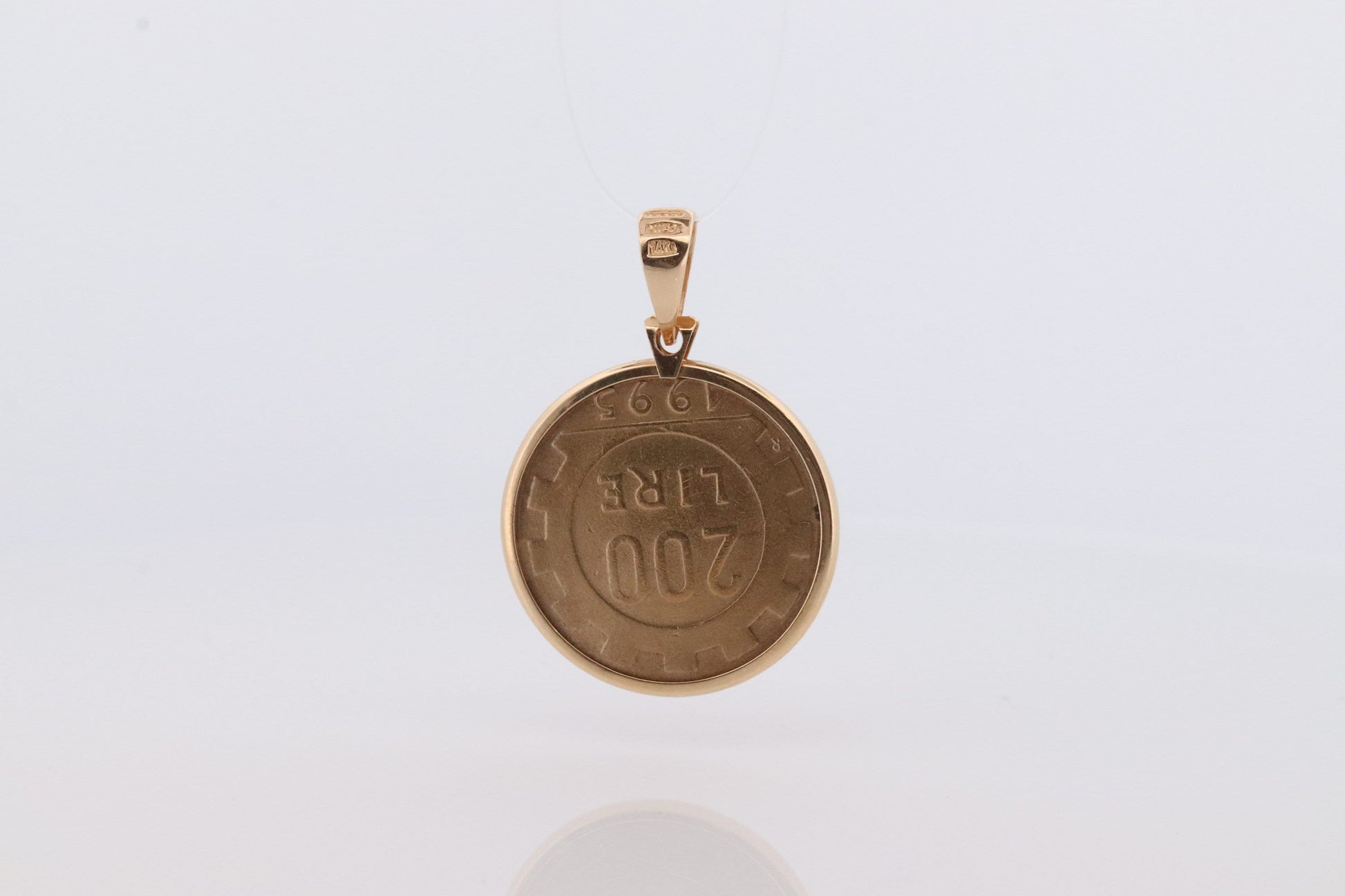 14k Coin Pendant Medallion. 14k 200 Lire Italian Republic 1995 Coin bezel set Charm. st(73)