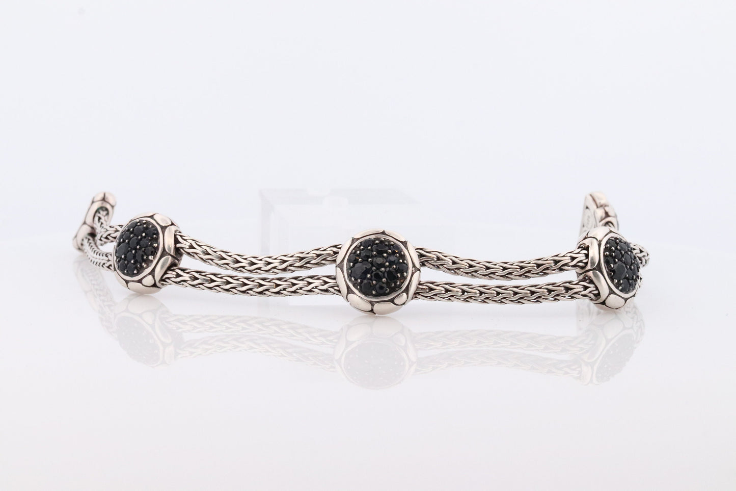 John Hardy Sterling Black Silver Sapphire Bracelet. John Hardy Pebble Pave Dot Palau Station Double Foxtail Byzantine bracelet.