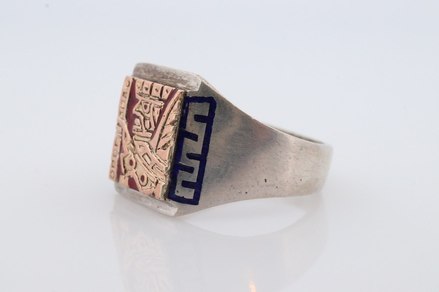 18k Heavy Signet ring. Aztec Mayan or Inca with Warrior Head Chief Bust. Red Enamel 18k Embossed coin Sterling Silver band