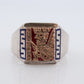 18k Heavy Signet ring. Aztec Mayan or Inca with Warrior Head Chief Bust. Red Enamel 18k Embossed coin Sterling Silver band