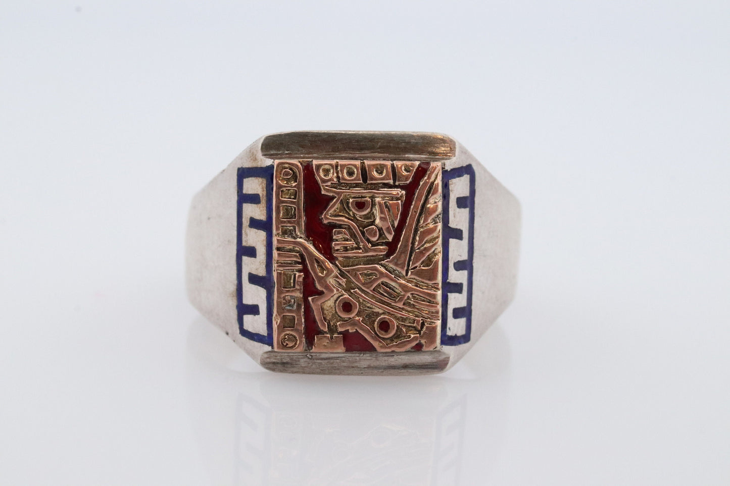 18k Heavy Signet ring. Aztec Mayan or Inca with Warrior Head Chief Bust. Red Enamel 18k Embossed coin Sterling Silver band