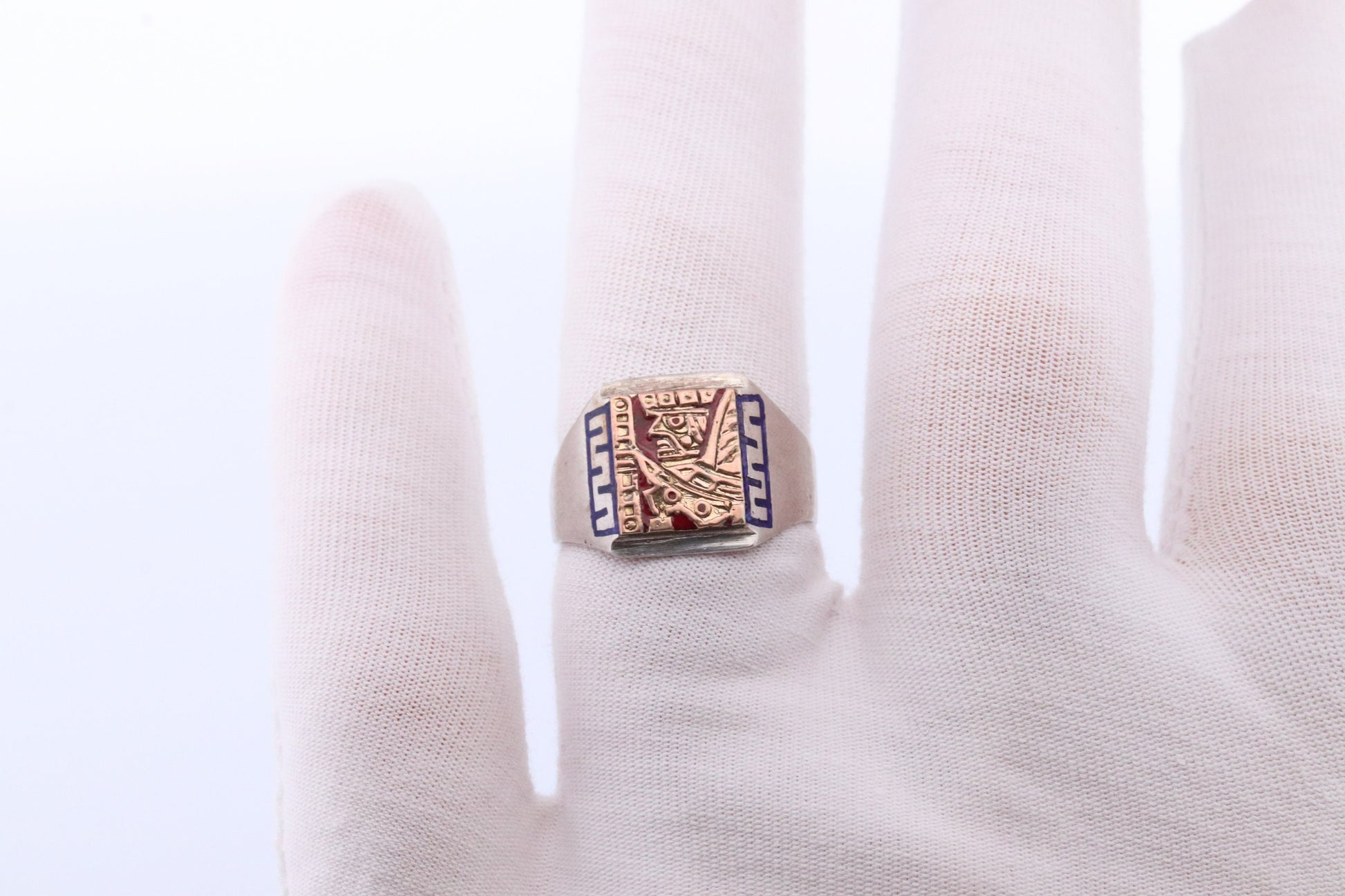 18k Heavy Signet ring. Aztec Mayan or Inca with Warrior Head Chief Bust. Red Enamel 18k Embossed coin Sterling Silver band