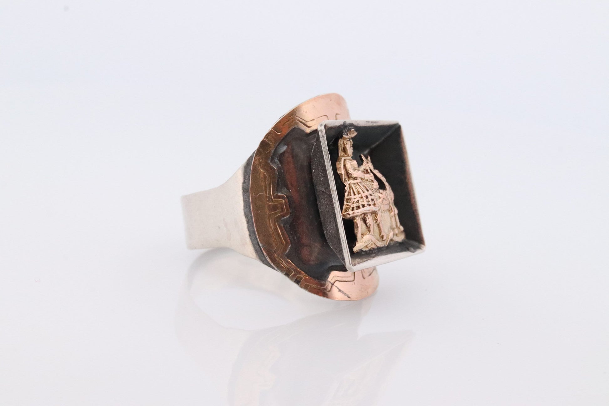 18k Heavy Signet ring. Aztec Mayan or Inca with Llama Alpaca Farmer Bust. Enamel 18k Embossed coin Sterling Silver band