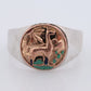 18k Heavy Signet ring. Aztec Mayan or Inca with Llama Alpaca Scenery Bust. Turquoise Enamel 18k Embossed coin Sterling Silver band