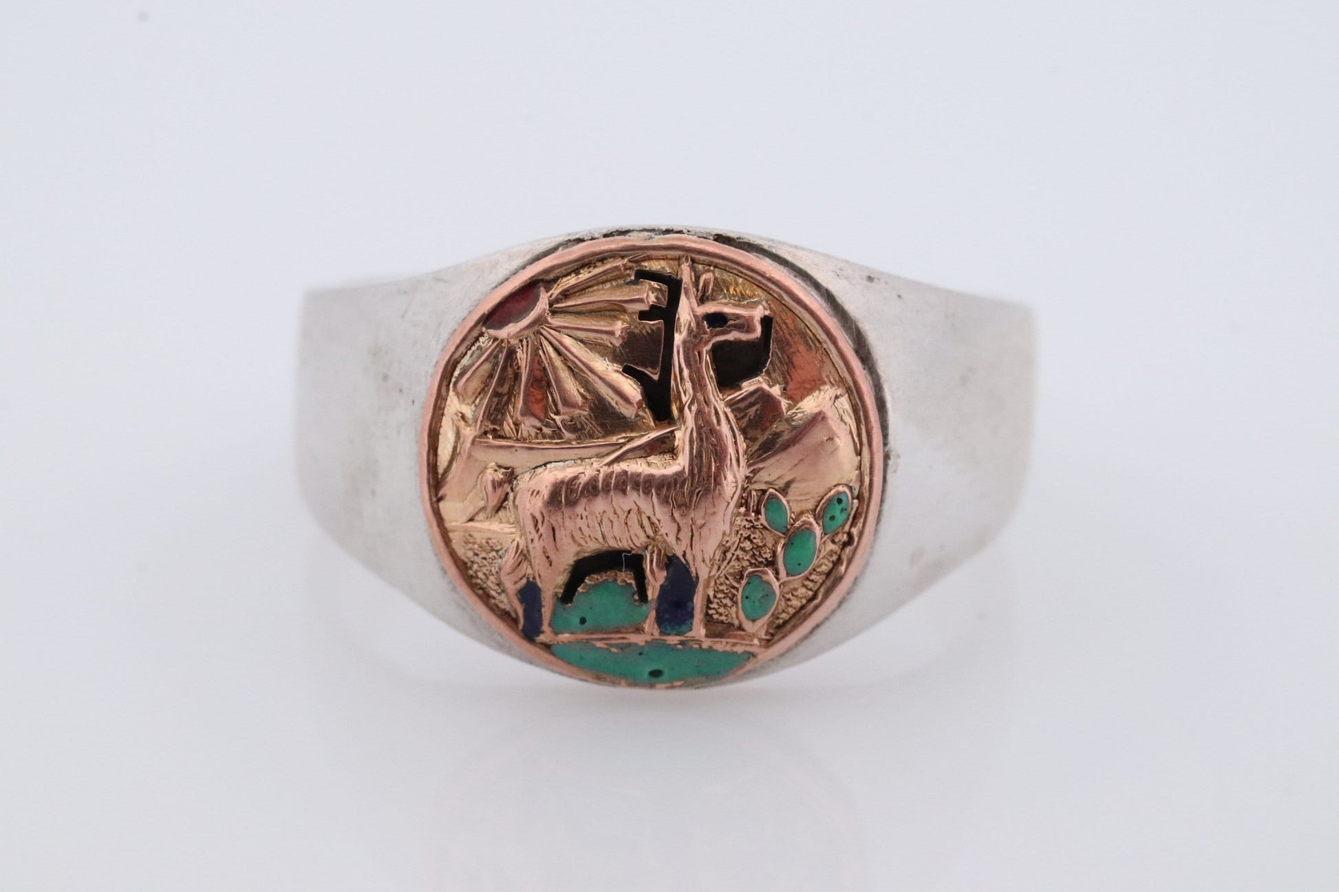 18k Heavy Signet ring. Aztec Mayan or Inca with Llama Alpaca Scenery Bust. Turquoise Enamel 18k Embossed coin Sterling Silver band