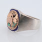 18k Heavy Signet ring. Aztec Mayan or Inca with Llama Alpaca Scenery Bust. Turquoise Enamel 18k Embossed coin Sterling Silver band