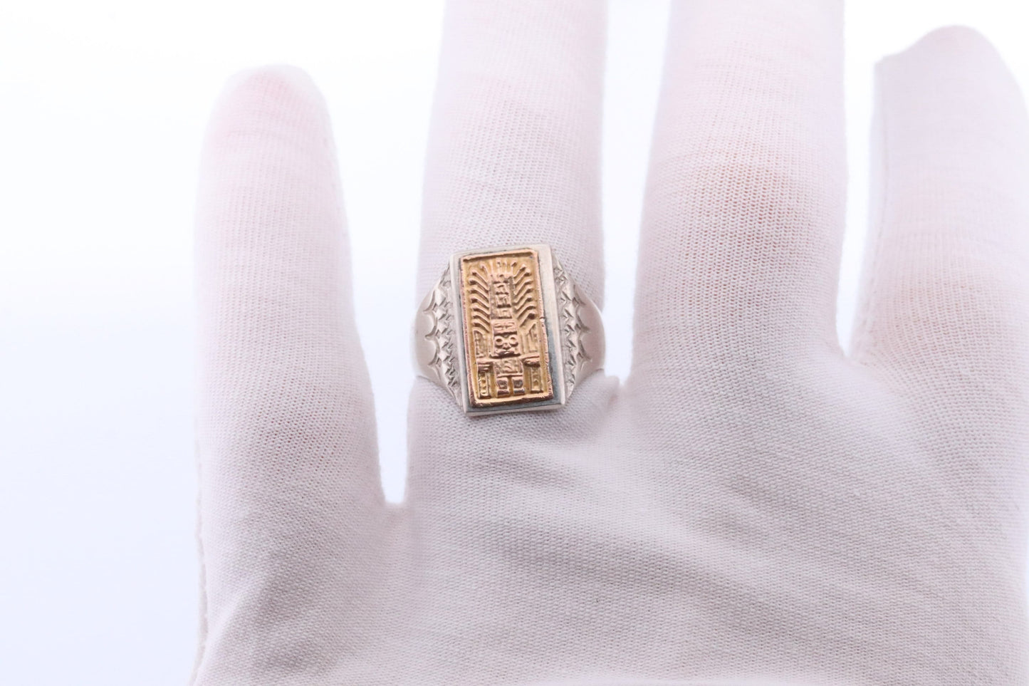 18k Heavy Signet ring. Aztec Mayan or Inca with Warrior Head Chief Bust. Red Enamel 18k Embossed coin Sterling Silver band